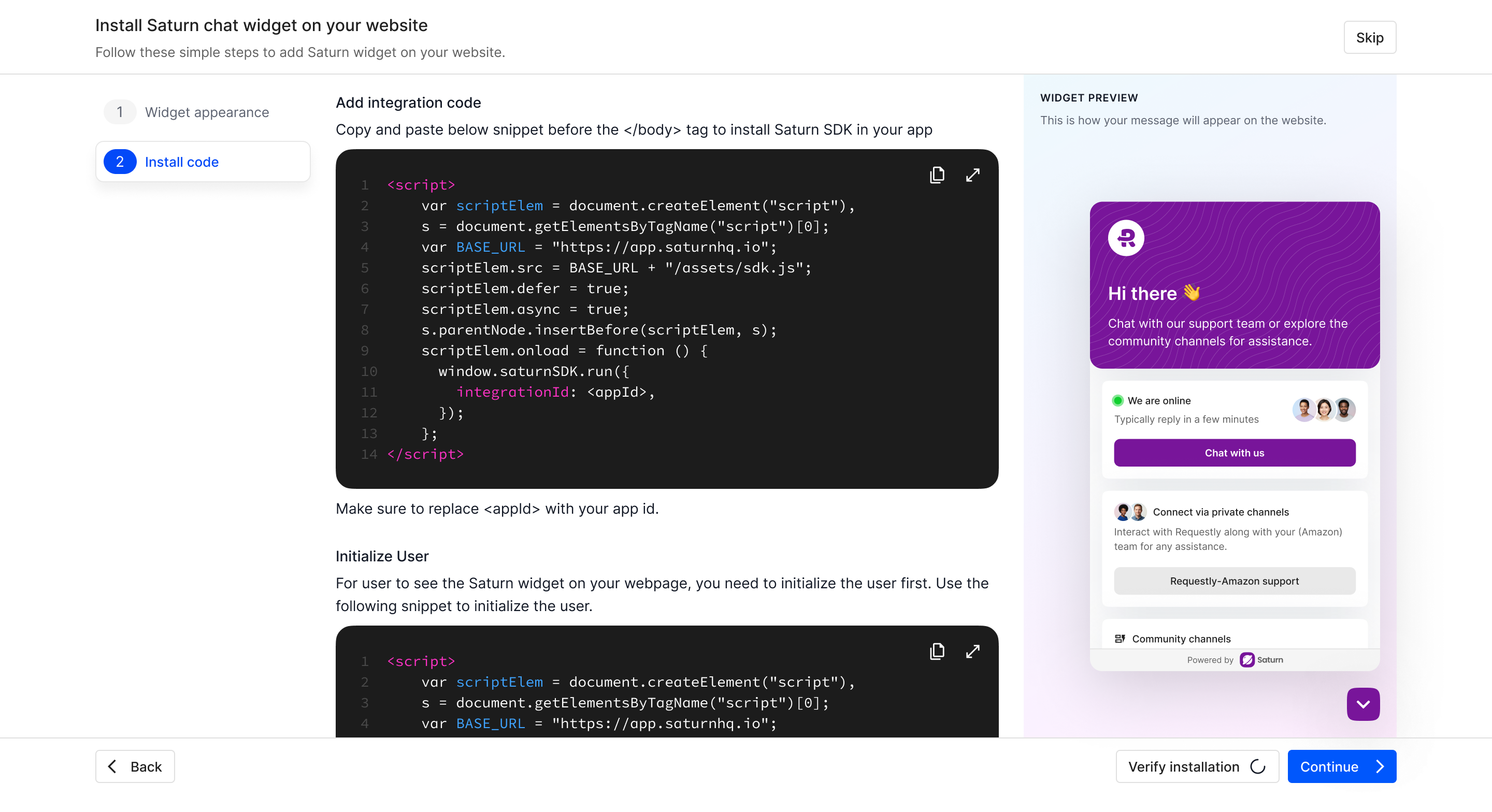 Widget installation step with the SDK code and application ID